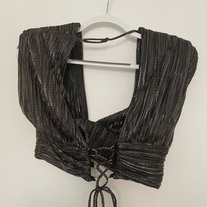 Sabina Mustayev cropped top. Padded shoulders. Tie open back